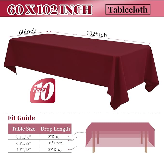 fani 10 Pack 60 x 102 Inch Tablecloth, Burgundy Tablecloth for 6 Feet Rectangle Tables, Stain and Wrinkle Resistant Washable Fabric Table Cloth for Wedding Party Dining Table Buffet Parties Camping