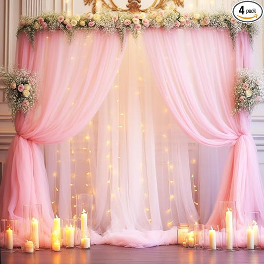20x10ft Baby Pink Tulle Backdrop Curtain with Lights String for Parites, Sheer Photo Backdrop Curtains with Lights for Wedding Backdrop Ceremony Reception Bridal Shower Baby Shower Birthday Party