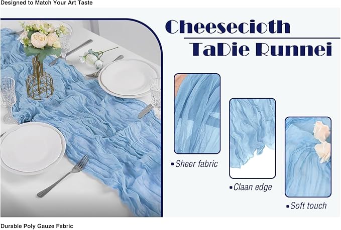 6 Pack Baby Blue Cheesecloth Table Runner 21x120 Inch Boho Wrinkled Sheer Romantic Gauze Decor for Wedding, Bridal Shower, Birthday Party