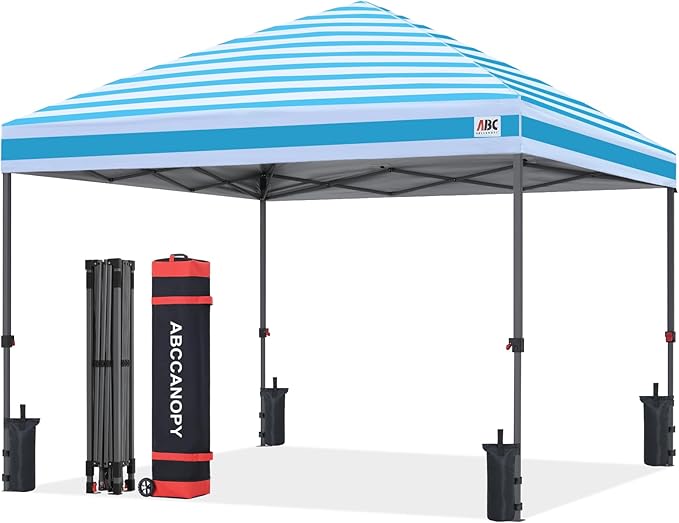 ABCCANOPY 10x10 Pop Up Canopy Tent, Easy Setup Instant Shelter with Wheeled Bag, Heavy Duty Outdoor Canopy for Beach, Market, Backyard, Outdoor Weather Protection (Sky Blue Stripes, 10x10)