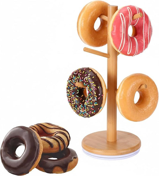 Rotating Donut Stand,Bamboo Pretzel Holder Stand for Dessert Table,Tree-Shaped Donut Display Stand Holder,for Bagel， Pretzels,Party,Birthday，Wedding（6.1×13.8 inch）