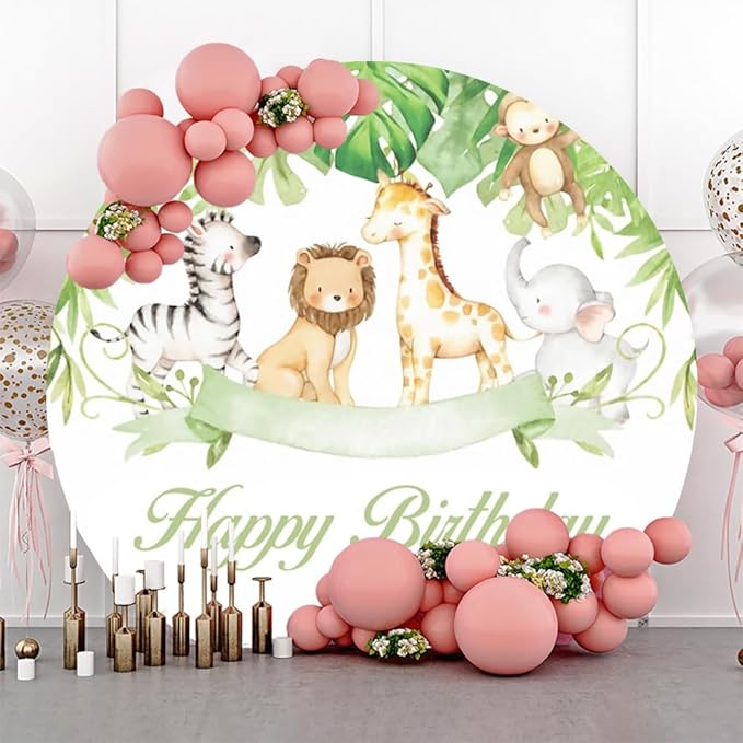 Jungle Animals Birthday Round Backdrop 7.5ft Happy Birthday Circle Backdrop Cover Tropical Green Leaves Safari Animals Theme Birthday Party Decor Cake Table Banner Kids Photo Booth Shoot Props
