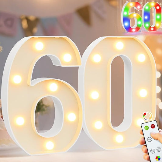 Pooqla 60th Birthday Decoration for Her Him, Decorative LED Light Up Numbers, Marquee Numbers 60 Sign for Party Backdrop 60th Wedding Anniversary Decor Gift, Warm White and Colorful Number 60