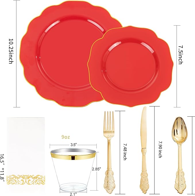 NOCCUR 175PCS Red Plastic Plates with Gold Disposable Silverware - Include 50 Red Gold Plastic Plates,25 Knives,25 Forks,25 Spoons,25 Cups and 25 Napkins - Ideal for Party/Mother's Day