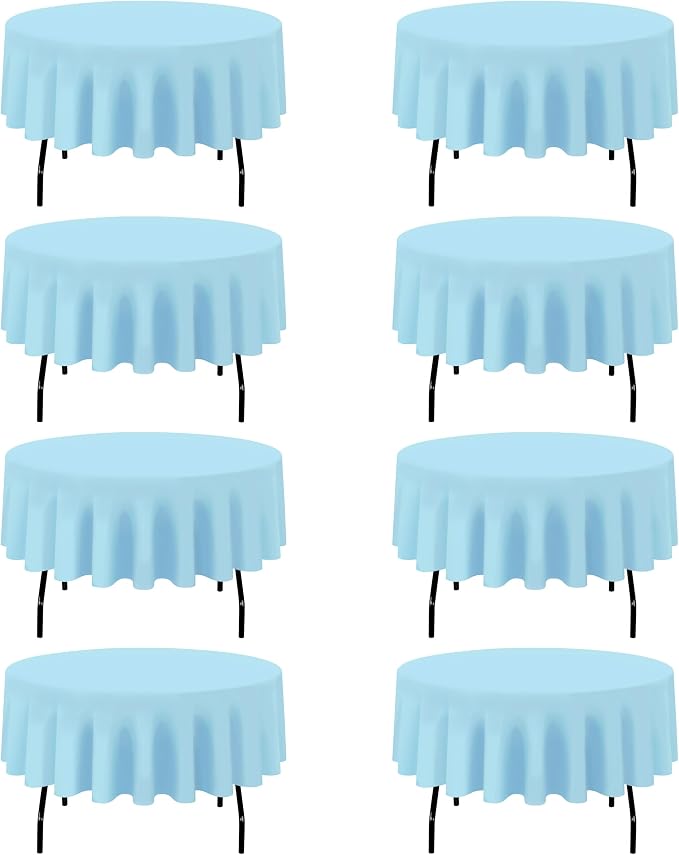 BRILLMAX 8 Pack Light Blue Round Tablecloths 90 Inch for 60” Tables - 150 GSM Polyester Fabric, 15" Standard Drop, Water, Stain & Wrinkle Resistant Cloth Cover for Wedding Reception Banquet Dining