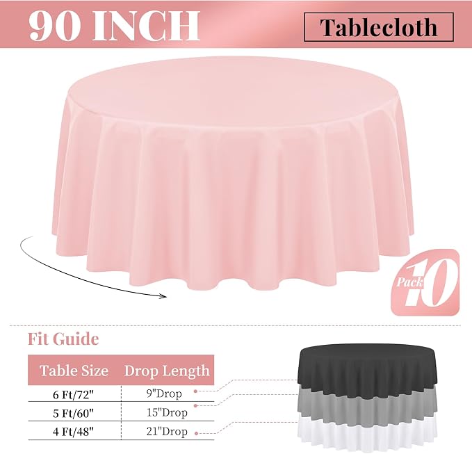 Fani 10 Pack 90 Inch Pink Round Tablecloth, Polyester Fabric, Stain & Wrinkle Resistant, Perfect for 5ft to 6ft Round Tables