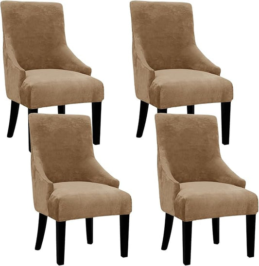 Velvet Wingback Dining Chair Cover Soft Stretch Accent Chair Cover Slipcover Thick Plush Wing Back Chairs Covers Furniture Protect Washable Chairs Protector Covers for Dining Room (Brown, 4)