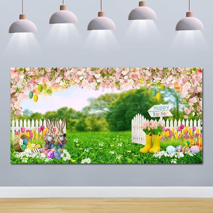 Easter Photo Backdrop 20x10ft Spring Garden Bunny Eggs Floral Green Grass Fence Easter Photography Backdrops for Happy Easter Party Decorations Banner Photo Booth Studio Props