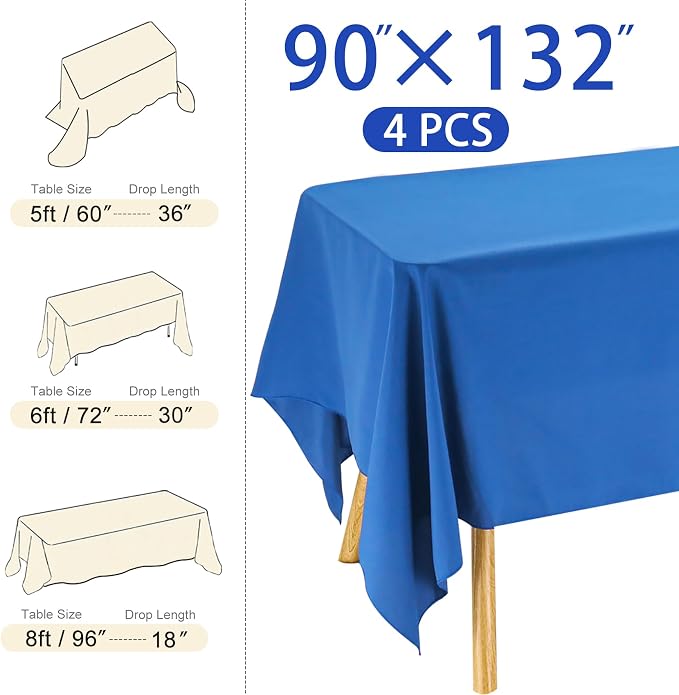 4 Pack Rectangle Tablecloth 90x132Inch Blue Rectangle Tables Washable Polyester Table Cover for Wedding Dining Table Buffet Parties Banquet Decoration（Blue）