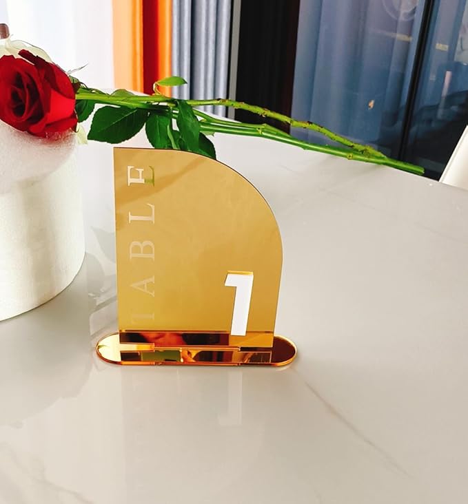 Acrylic Wedding Table Numbers,Semi-Arched Mirrored Acrylic Table Numbers for Any Party Occasion,Valentine's Day Party,Luxury Decoration(Number 1-20, Gold Mirror)