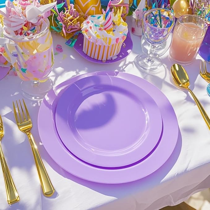 FLOWERCAT 60PCS Purple Plates - Heavy Duty Purple Plastic Plates Disposable for Easter Party/Wedding - Include 30PCS 10.25" Dinner Plates and 30PCS 7.5" Dessert Plates