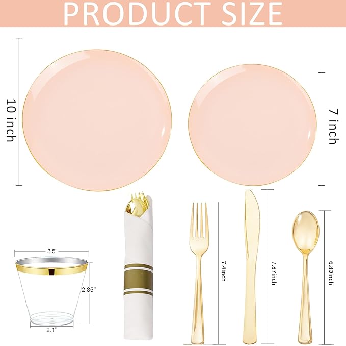 KIRE 175PCS Pink Plates Disposable - Heavy Duty Pink and Gold Plastic Plates Dinnerware Sets - 25 for Dinner 25 for Dessert 25 Pre Rolled Napkins 25Cups for Spring/Wedding/Mother's Day/Baby Shower