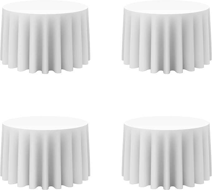 BRILLMAX 4 Pack White Round Tablecloths 108 Inch for 48” Tables - 150 GSM Polyester Fabric, Floor Length Drop, Water, Stain & Wrinkle Resistant Cloth Cover for Wedding Reception Banquet Dining