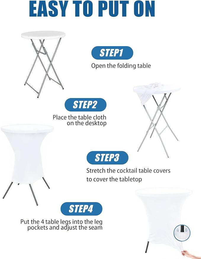 Cocktail Table Covers - 12 Pack 32x43 Inch Table Cloth - White Fitted Stretch Spandex Round High Top Tablecloth for Party, Bar, Birthday, Pub, Banquet