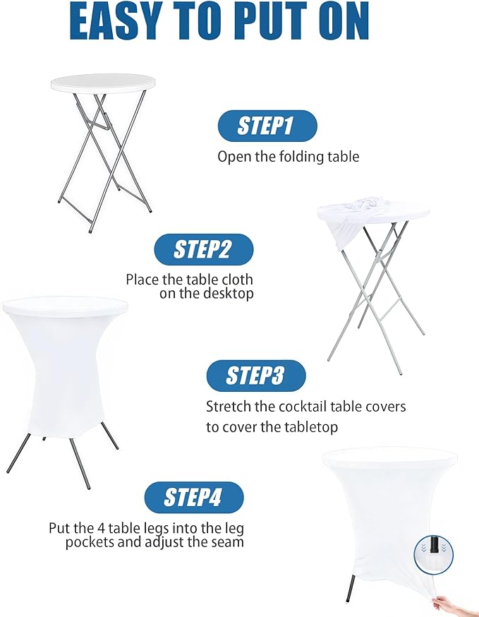 Cocktail Table Covers - 10 Pack 32x43 Inch Table Cloth - White Fitted Stretch Spandex Round High Top Tablecloth for Party, Bar, Birthday, Pub, Banquet
