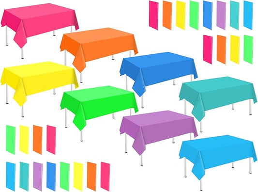 Whaline 32Pcs Neon Color Plastic Tablecloth 8 Fluorescent Colors Rectangle Table Cover Waterproof Table Cloth for Party Decoration Supplies, 54 x 108 Inch