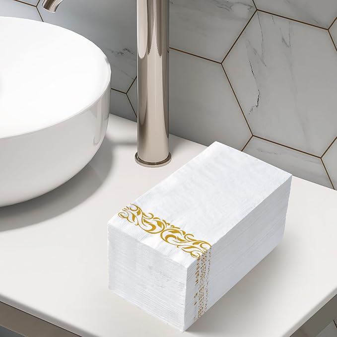 Vplus 400 Pack Paper Napkins Guest Towels Disposable Premium Quality 3-ply Dinner Napkins Disposable Soft, Absorbent, Perfect for Kitchen, Wedding, Parties, Dinners or Events (Gold)