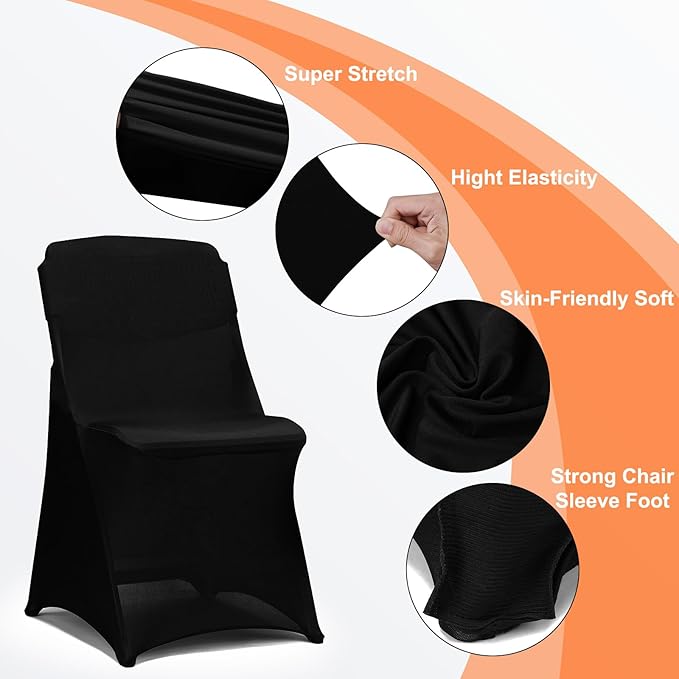 100 Pack Black Folding Chair Covers for Party, Spandex Chair Covers for Wedding, Stretch Seat Cover 100 Pieces, Universal Fitted Polyester Slipcovers for Dining Chairs, Parties & Banquet (100 PCS)