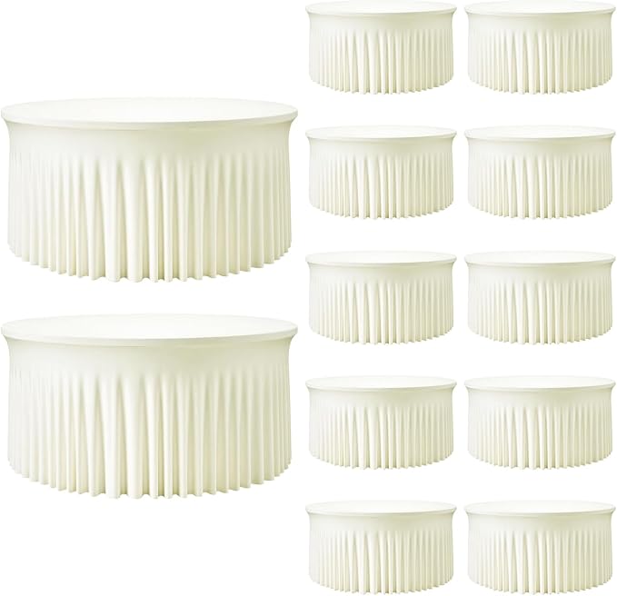 12 Pack Ivory White Spandex Round Tablecloths for 72inch Table, Wrinkle-Free Stretchy Fitted 6FT Round Table Covers with Skirt for Wedding Family Gathering Holiday Celebration Party Banquet