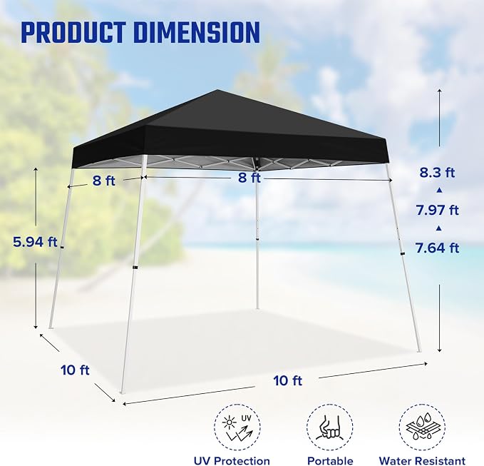 10x10 Pop Up Canopy Tent with Carry Bag, Slant Leg Instant Shade Shelter for Outdoor Events, Camping, Sports, Parties, Black
