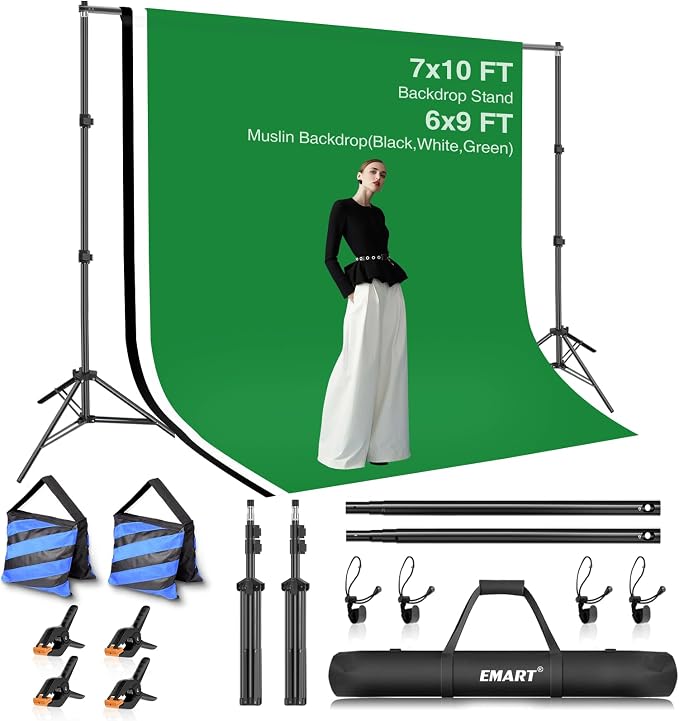 EMART Photo Video Studio Backdrop Stand Kit, 7×10ft Adjustable Photography Support System with Polyester Background(Black/White/Green Screen), Spring Clamps and Carry Bag for Photoshoot