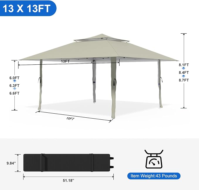 Pop Up Canopy Tent 13x13 FT, Outdoor Easy Setup Gazebo with Wheeled Carry Bag, Heavy Duty Outside Shelter with UV-Resistant Top, Portable Instant Sun Shade for Garden Camping Events, Khaki