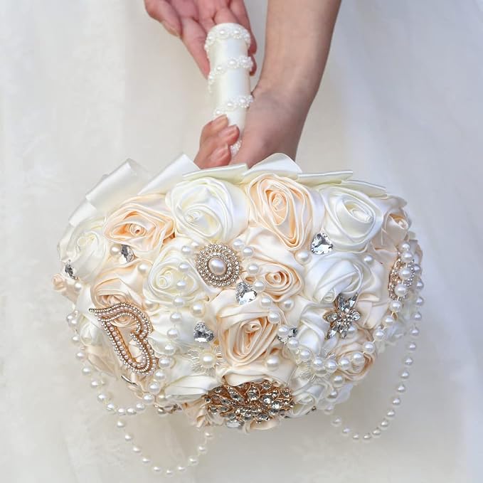 Ivory and Champagne Bridal Wedding Bouquet with Rhinestone Brooch Pearl String Cascade Bouquet for Bride Bridesmaid Quinceanera Satin Rose Flower Bouquet Wedding Champagne and Ivory 8.7in
