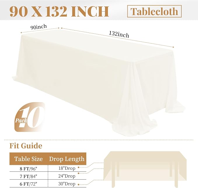 fani 10 Packs 90 x 132 Inch Ivory Polyester Tablecloth, Rectangular, Classic, Wrinkle & Stain Resistant, All-Season, 6ft Table Cover, 10 Count