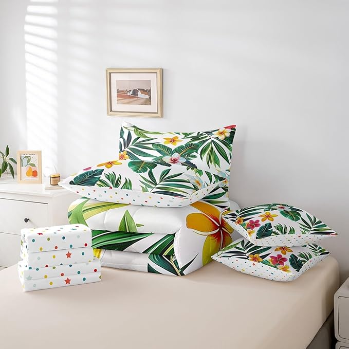 jejeloiu Palm Leaf Comforter Set with Sheets Twin Size 7 Pieces Kids Tropical Leaves Pattern Bedding Set for Boys Girls Summer Tree Branches Nature Theme Flowers Bed in a Bag Room Decor