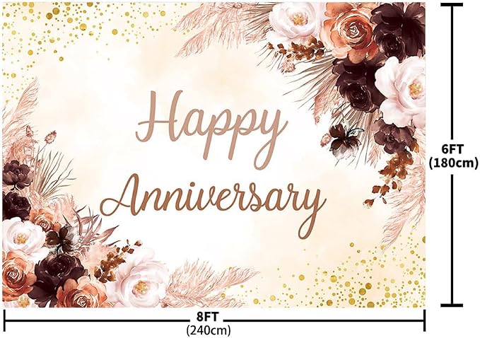 MEHOFOND Boho Happy Anniversary Backdrop Pink Floral Bohemia Pampas Grass Anniversary Banner Cheers to Marriage Wedding Party Decorations Memorial Portrait Photo Booth Background 8x6ft
