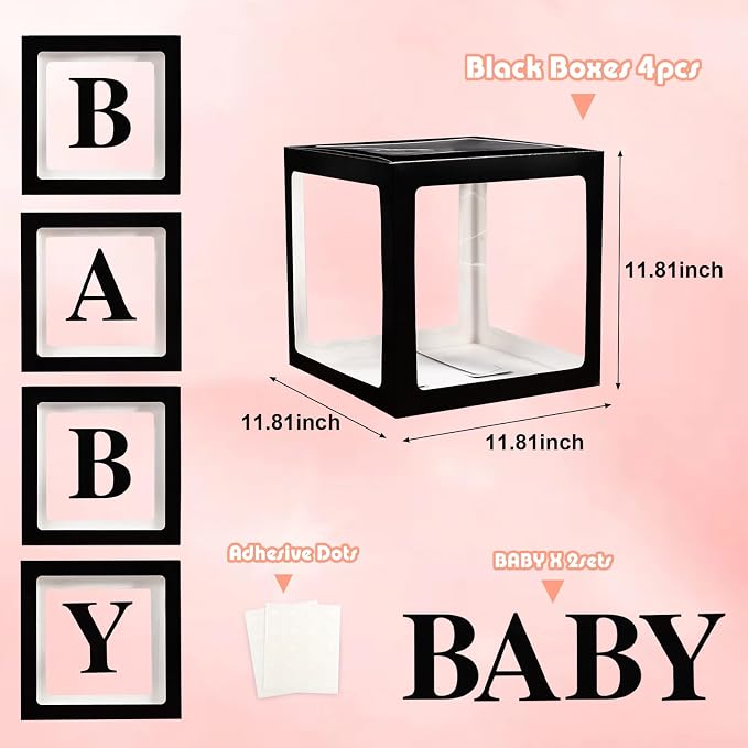 Voircoloria Baby Boxes with Letters for Baby Shower Decorations with 4 Balloon Boxes for Gender Reveal Halloween Decorations(Black)