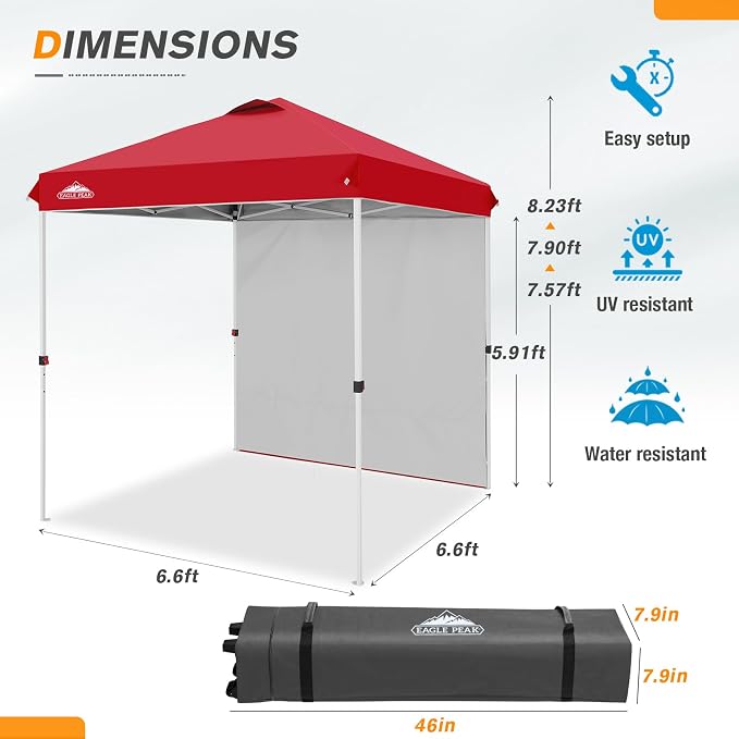 EAGLE PEAK Commercial Canopy 6.6x6.6 Pop Up Canopy Tent with 1 Sidewall, Easy Setup Heavy Duty Instant Event Shelter for Vendors & Markets, Outdoor Sun Shade, Red
