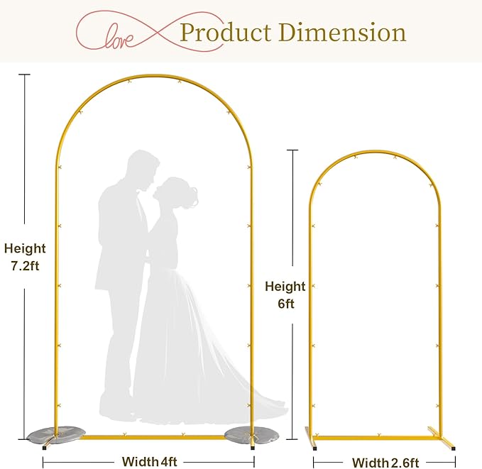 Snughome Arch Backdrop Stand, Set of 2 Metal Balloon Arch Stand (7.2FT+6FT), Gold Wedding Arch Frame for Party, Baby Shower, Holiday, Ideal for Balloon Flower
