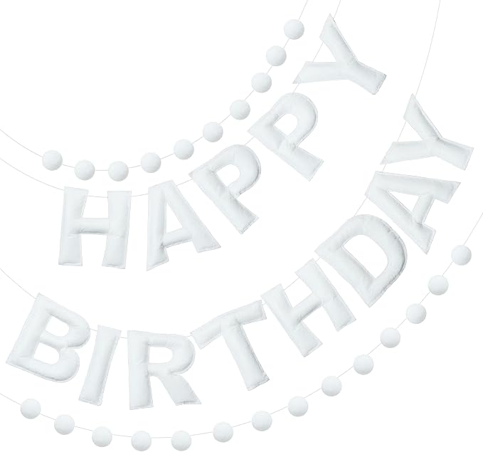2 PCS Pre-Strung 3D Felt Happy Birthday Banner - White Theme Birthday Decorations Sign, Pom Pom Garland, Reusable Party Decor, Photo Prop（White）