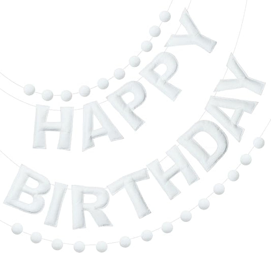 2 PCS Pre-Strung 3D Felt Happy Birthday Banner - White Theme Birthday Decorations Sign, Pom Pom Garland, Reusable Party Decor, Photo Prop（White）