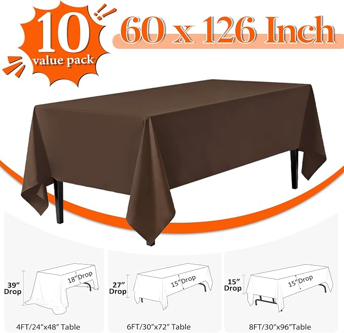 10 Pack Brown Tablecloth 60x126 Inch Brown Table Cloth for 8 Foot Rectangle Tables, Wrinkle Resistant Rectangular Tablecloth Washable Polyester Fabric Table Covers for Party Banquet Wedding Buffet