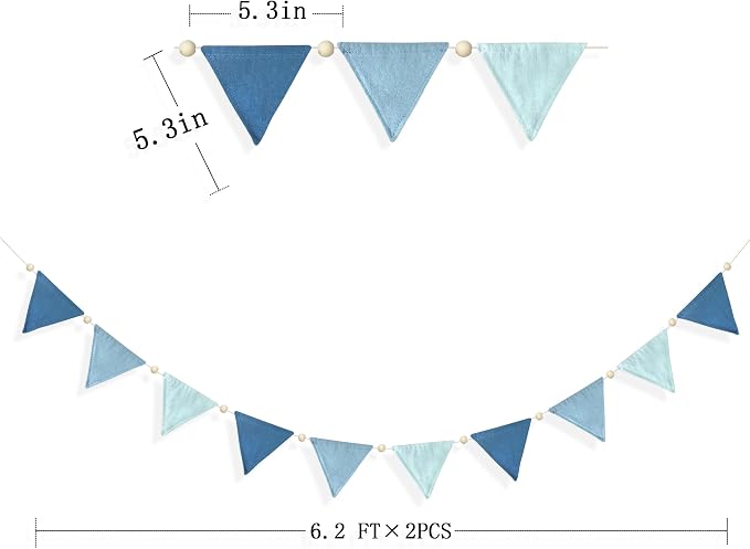 2 Sets of Blue Pennant Wooden Bead Banner Nursery Garland 20pcs Royal Linen Fabric Flags Triangle Streamers for Baby Room Decor Kids Boys Nautical Birthday Baby Shower Boho Event Party Decorations