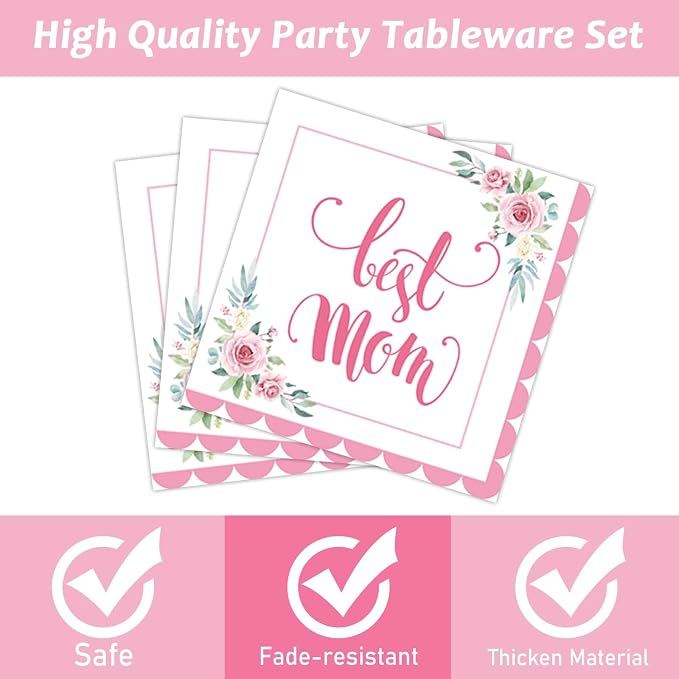 chiazllta 96 Pcs Happy Mother's Day Party Paper Plate and Napkins Set - 24 Guests, Pink, Spring Floral Design, Serves 24, Best Mom Ever Theme