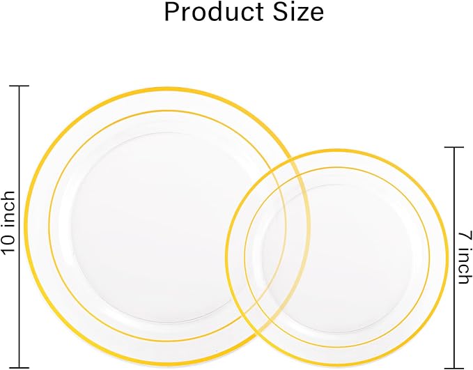 I00000 102 Pcs Clear Gold Plastic Plates - Disposable Party Plates, Gold Disposable Include 51 Dinner Plates and 51 Dessert Plates, Plastic Plates for Party, Holiday, Wedding & Birthday