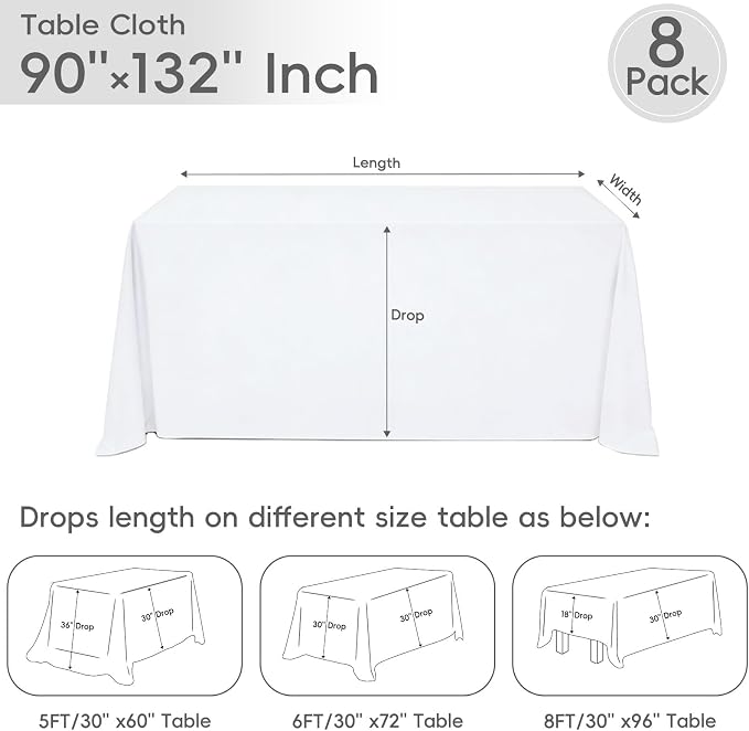 8 Pack White Tablecloth 90 x 132 Inch Rectangular Table Cloth for 8 Foot Rectangle Tables, Wrinkle Resistant Washable Polyester Fabric Covers for Wedding Party Banquet Buffet and Camping