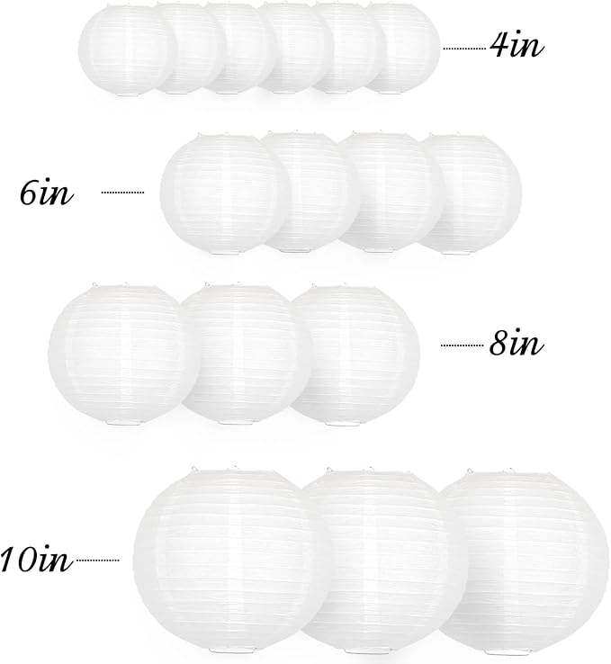 16-Pack White Hanging Paper Lanterns with 16 LED Lights, Reusable Round Chinese Lanterns for Graduation, Wedding, Birthday, Baby Shower & Ceiling Party Decorations
