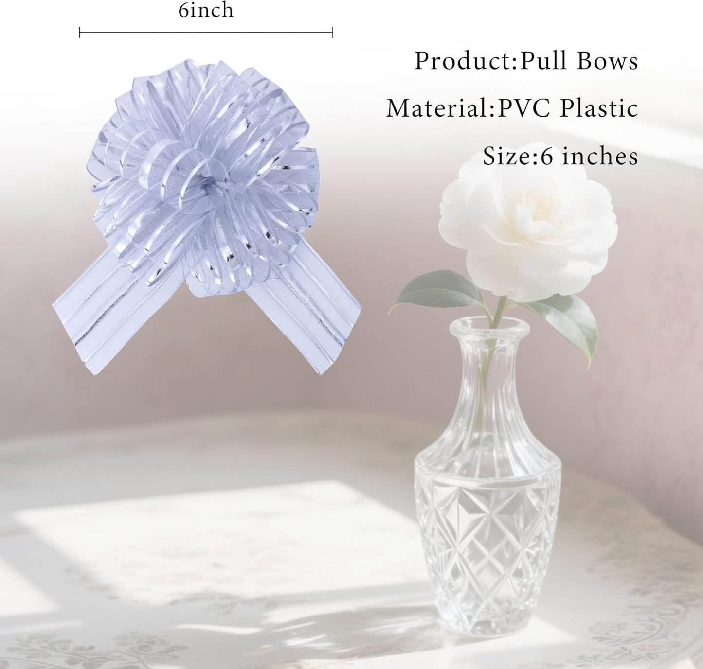6 Pcs 6 Inch Large Organza Pull Bow Ribbon – Elegant Gift Bows for Wedding Decorations, Christmas Wrapping, Birthday Parties, Car Decor, Gift Baskets, and Valentine's Day Packaging(Silver)