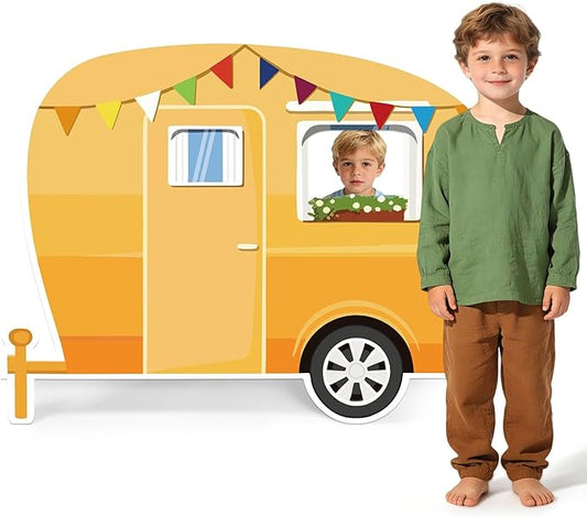 4 x 3 Ft Camping Party Decorations, Large Camper Cardboard Cutouts Life Size Forest Woodland Theme Stand Up Backdrop for Classroom Back to School Events VBS Adventure Party Photo Props