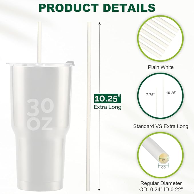 10.25" x 0.24‘ Long Disposable Paper Drinking Straws Bulk - Unwrapped, Dye-free White [600 Counts]