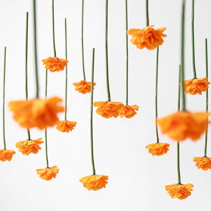 12 Pack 5 ft Artificial Marigold Flowers Hanging Garland Decorations Orange Marigold from Ceiling Dangling Faux Floral Vine Strings with Hook for Wall Autumn Party Day of the Dead Decor