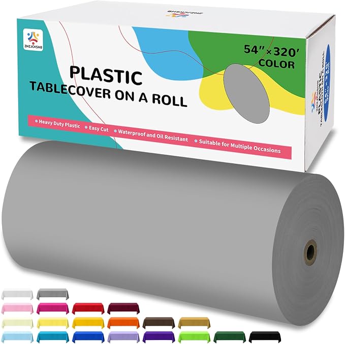54IN X 320FT Plastic Table Cover Roll with Cutter Box, Cut to Size Plastic Table Cloths for Parties, Birthday, Disposable Tablecloth Roll for All Shape Tables (Silver Grey, 54 Inch X 320 Feet)