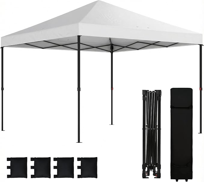 Outsunny 10 x 10 ft Pop Up Canopy Tent with One Push Setup, Easy Setup Outdoor Portable Instant Canopy Shelter with Wheeled Carry Bag, Sandbags, Adjustable Height for Parties, Events, White