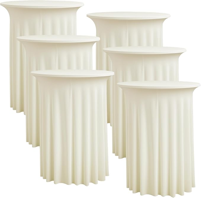 6 pk Ivory Cocktail Table Cloth Round 32×43in-High Top Highboy Bar Cocktail Tablecloths-Wrinkle Free Stretchy Fitted Spandex Table Covers with Ruffle Desk Skirt for Wedding Banquet Party Tables