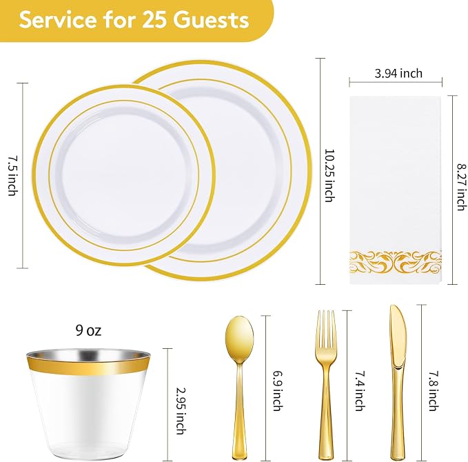 Goodluck 175 Pieces Gold Dinnerware Set for 25 Guests, Plastic Plates Disposable for Party, Include: 25 Dinner Plates, 25 Dessert Plates, 25 Paper Napkins, 25 Cups, 25 Gold Silverware Set