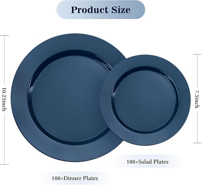 BESTVIP 200 Pack Premium Navy Blue Plastic Plates - 100 Dinner Plates 10.25" & 100 Dessert Plates 7.5" - Heavy Duty Disposable Plates for Graduation, Wedding, Holiday & Catering